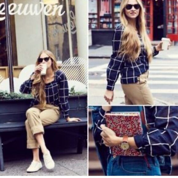 J. Crew The Penny Windowpane Plaid Check Blouse Blue/White Square Neck Sz 6P - Picture 1 of 5
